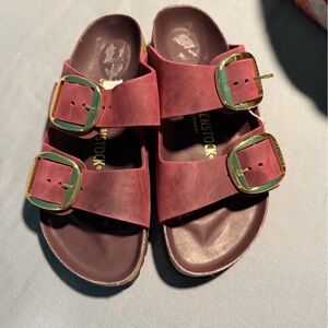 Birkenstock Maroon Sandals with Gold Accents